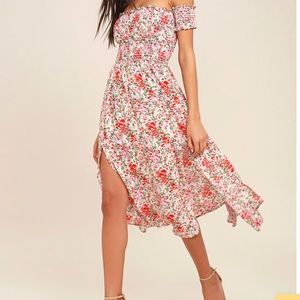 Lulus View from the Meadow Cream Floral Print Off-the-Shoulder Dress